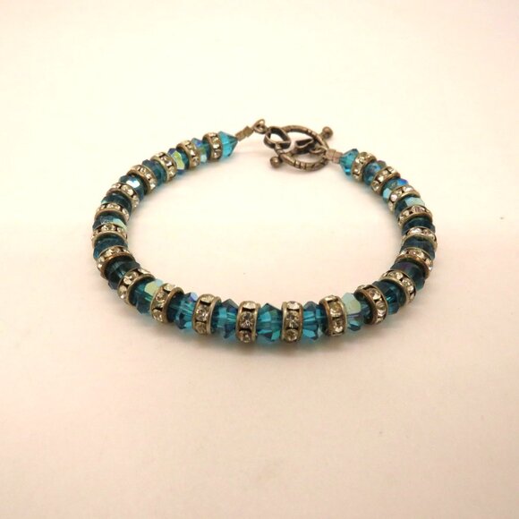 Blue Crystal Bead Bracelet Rhinestone Spacers Silver Tone Heart Toggle Clasp - Picture 7 of 12